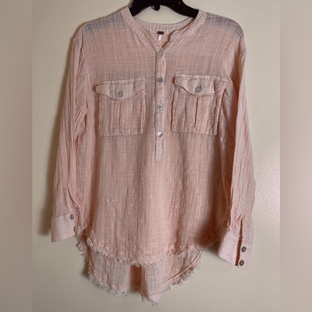 Free People Talk To Me Tan Natural Flax Button Down Long Sleeve Shirt Raw Hem